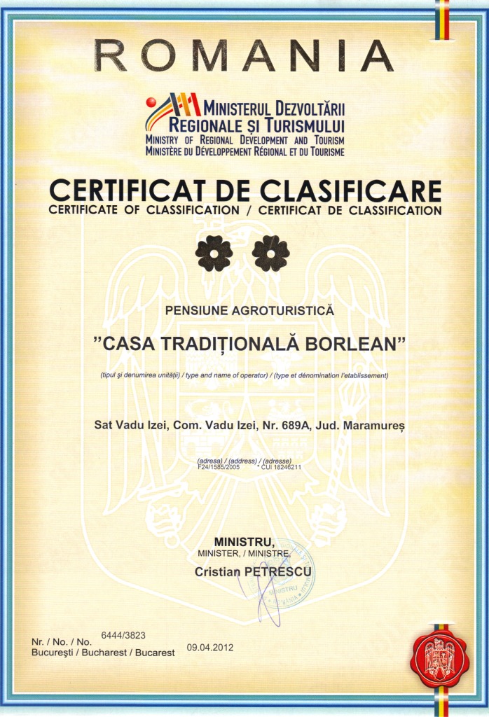 Certificat de clasificare Casa traditionala Borlean